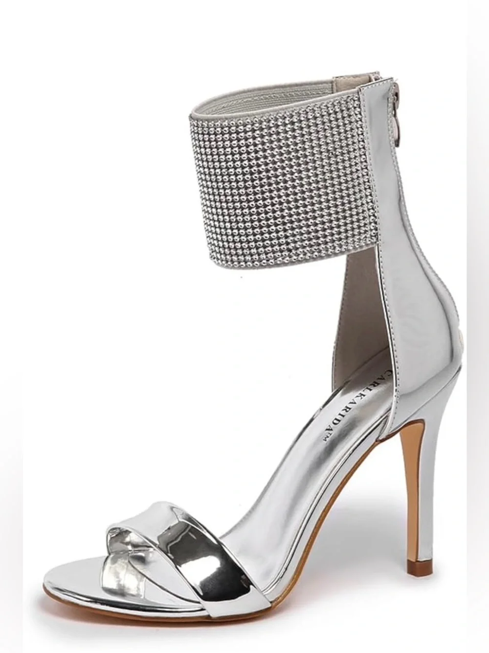 Carlkarida Silver Crystal Ankle-Cuff Stiletto Sandals